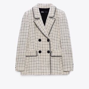ZARA WOMAN DOUBLE BREASTED TEXTURED WEAVE JACKET ECRU BLACK